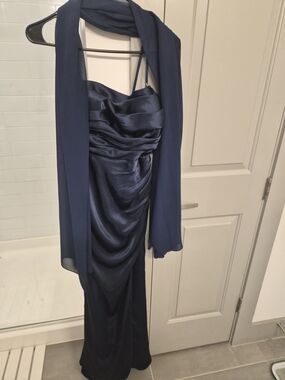 Elegant Navy Blue Satin Evening Dress with Matching Shawl